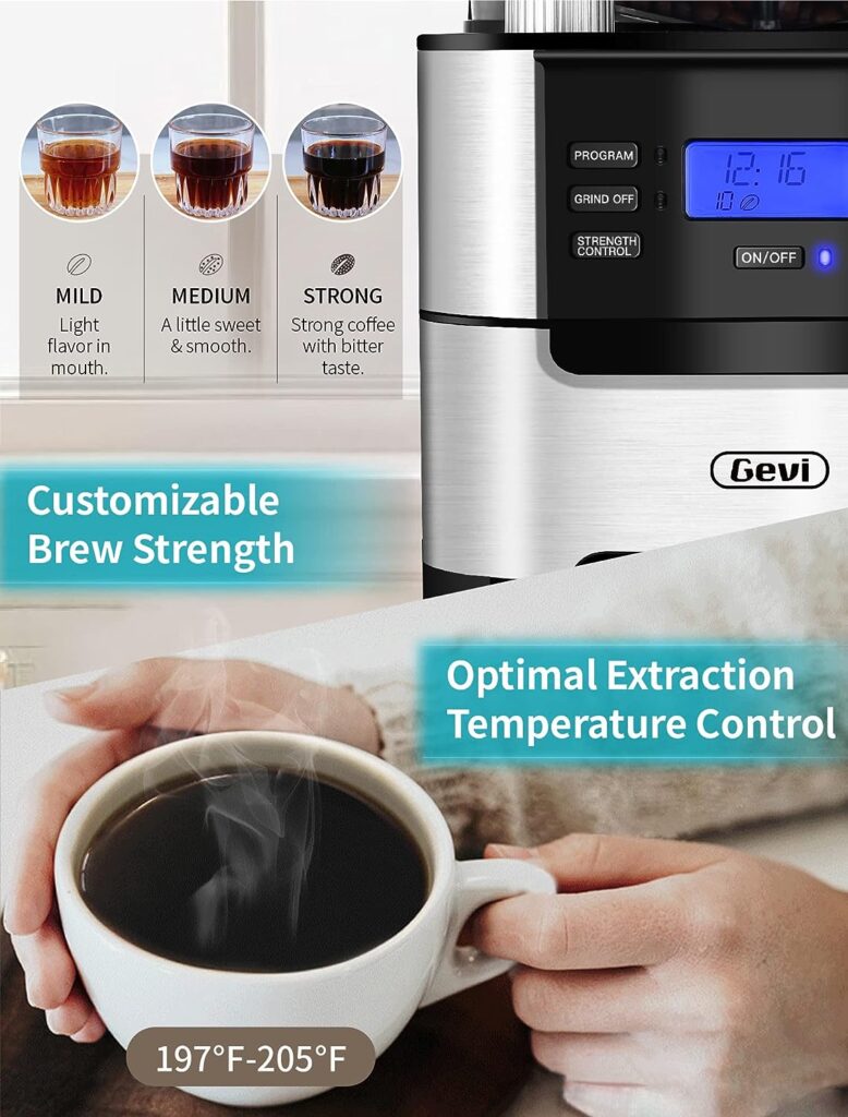 Gevi 10-Cup Drip Coffee Maker, Grind and Brew Automatic Coffee Machine with Built-In Burr Coffee Grinder, Programmable Timer Mode and Keep Warm Plate, 1.5L Large Capacity Water Tank, Black